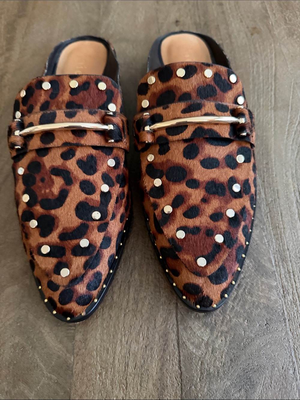 Joie Taran Leopard Print Calf Hair Studded Mules Flats  - Size US 9 / EU 39